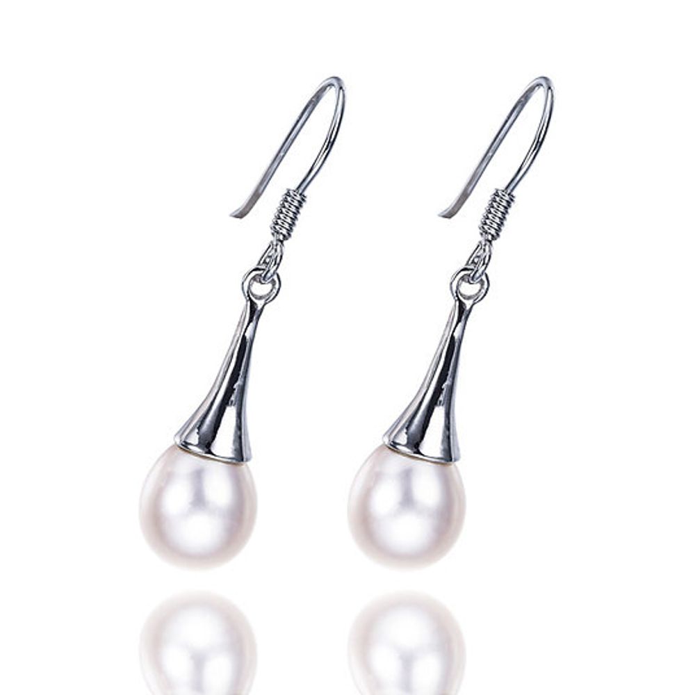 Sterling Silver Modern Drop White Freshwater Pearl Earrings - Click Image to Close